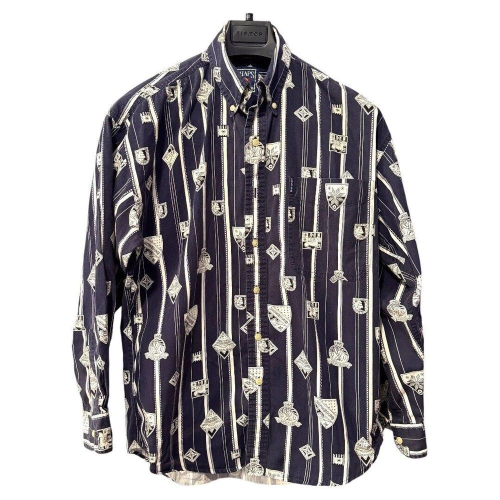 Chaps Ralph Lauren Mens Navy Blue Crest Stripe‎ Button Down Shirt Vintage Size M
